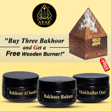 Ayaz Perfume ( Bakhoor Al Sandal,Ruhani Arabic Bakhoor,Mukhallat Oud Bakhoor, 40g Each ) + (1) Free Wooden Bakhoor Burner, ( Combo Pack of 3 )