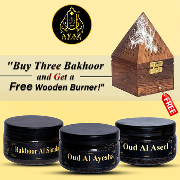Ayaz Perfume ( Bakhoor Al Sanda, Oud Al Ayesha, Oud Al Aseel, 40g Each ) + (1) Free Wooden Bakhoor Burner, ( Combo Pack of 3 )
