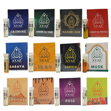 Ayaz Attar 12 Pcs 1ML Combo Pack – Ameer Al Oudh, Choco, Fawakeh, Hashmi Oud, iKan, Jannat ul Firdous, Jasmine, Musk, Rose, Sabaya, Sandal, Sophia | Long-Lasting Alcohol-Free Attar