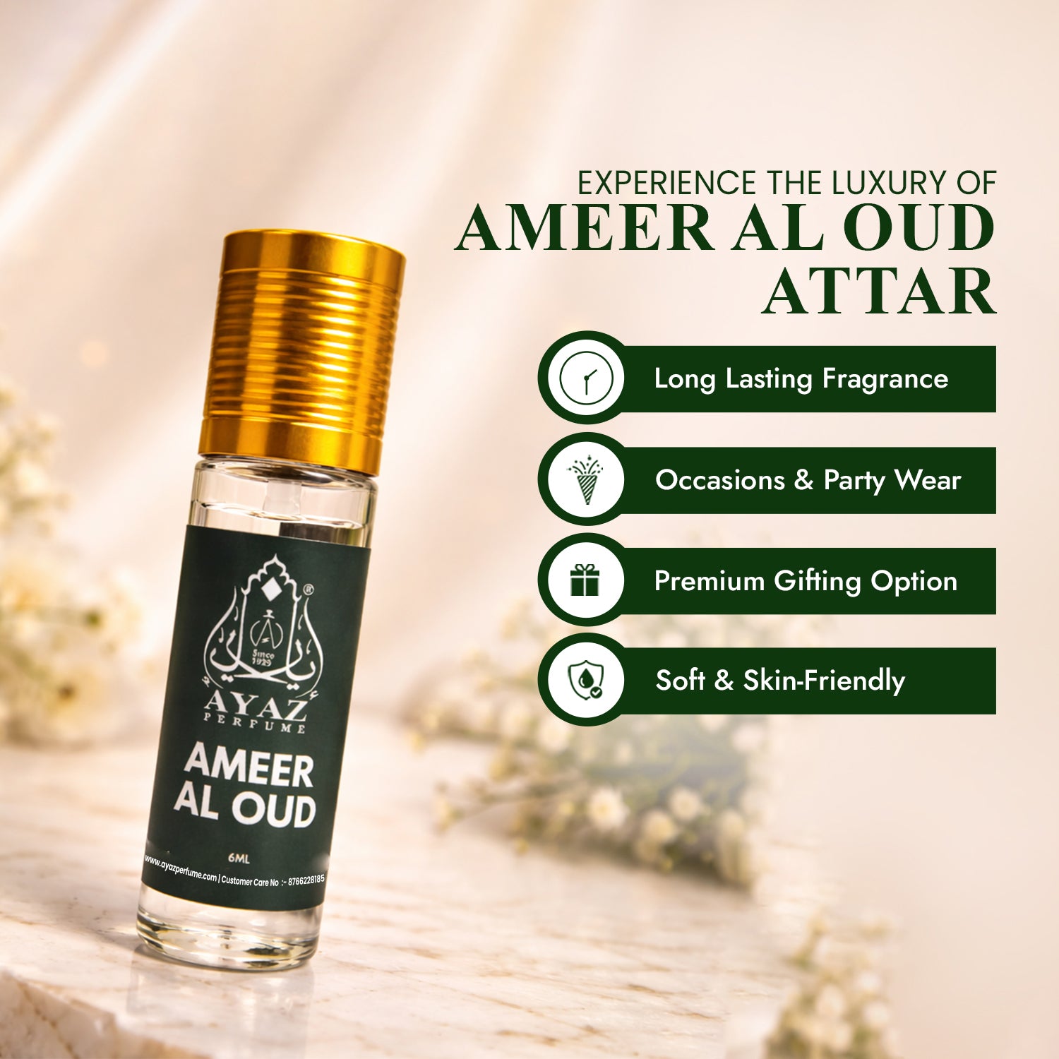 Ayaz Ameer Al Oud Attar 6ML – Long Lasting Alcohol-Free Roll-On Perfume for Men & Women