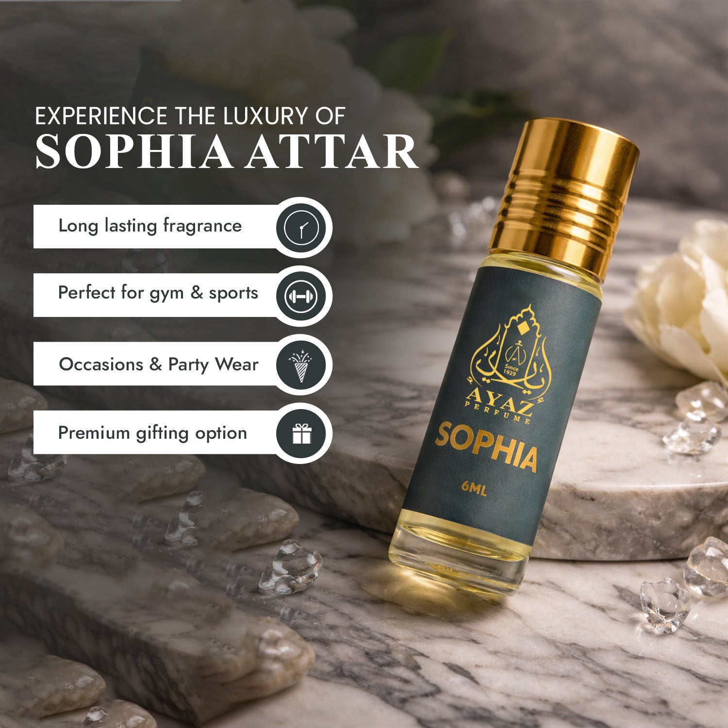Ayaz Sophia Attar 6ML – Long Lasting Alcohol-Free Roll-On Perfume for Women & Men