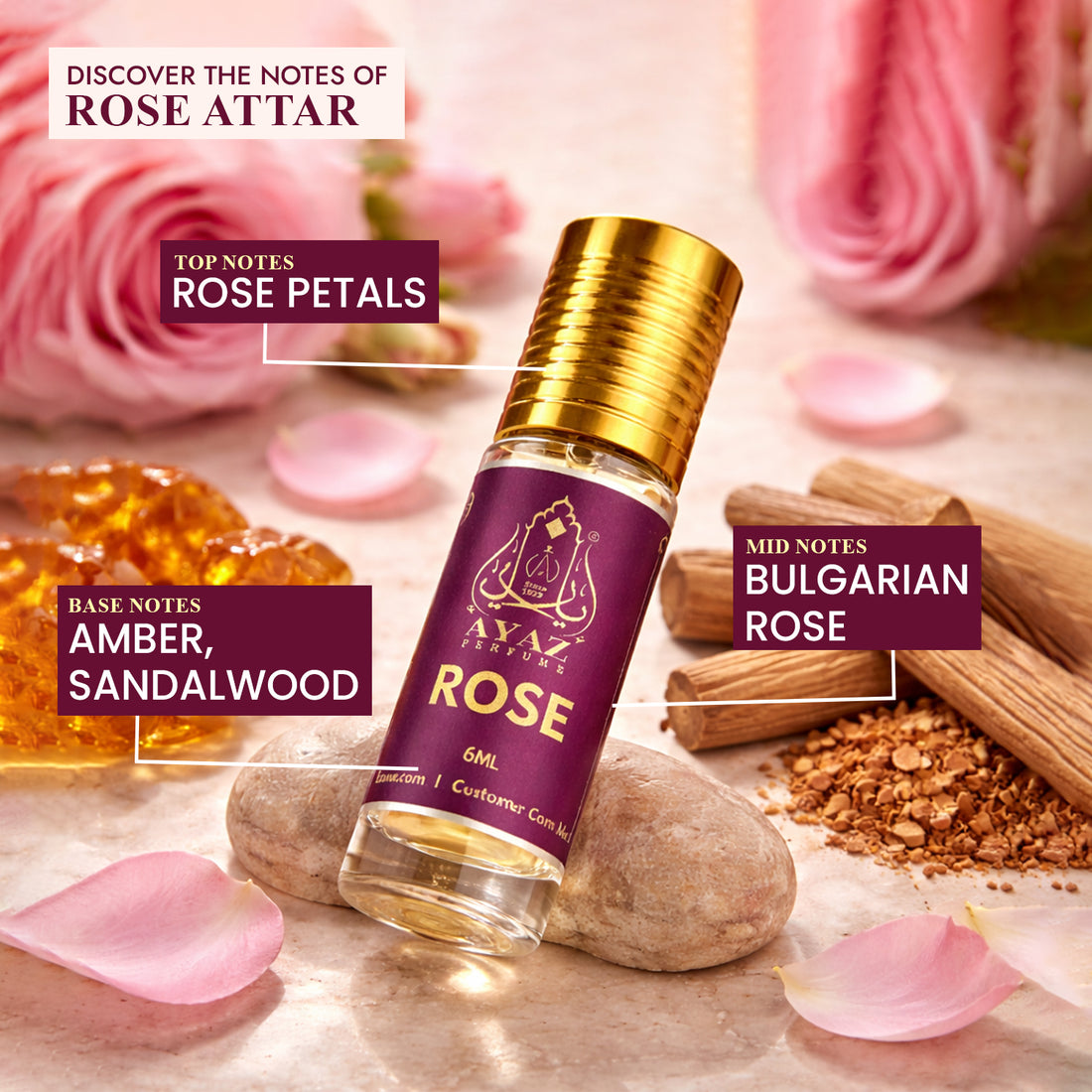 Ayaz Premium Rose Attar 6ML – Long Lasting Alcohol-Free Roll-On Perfume for Men & Women