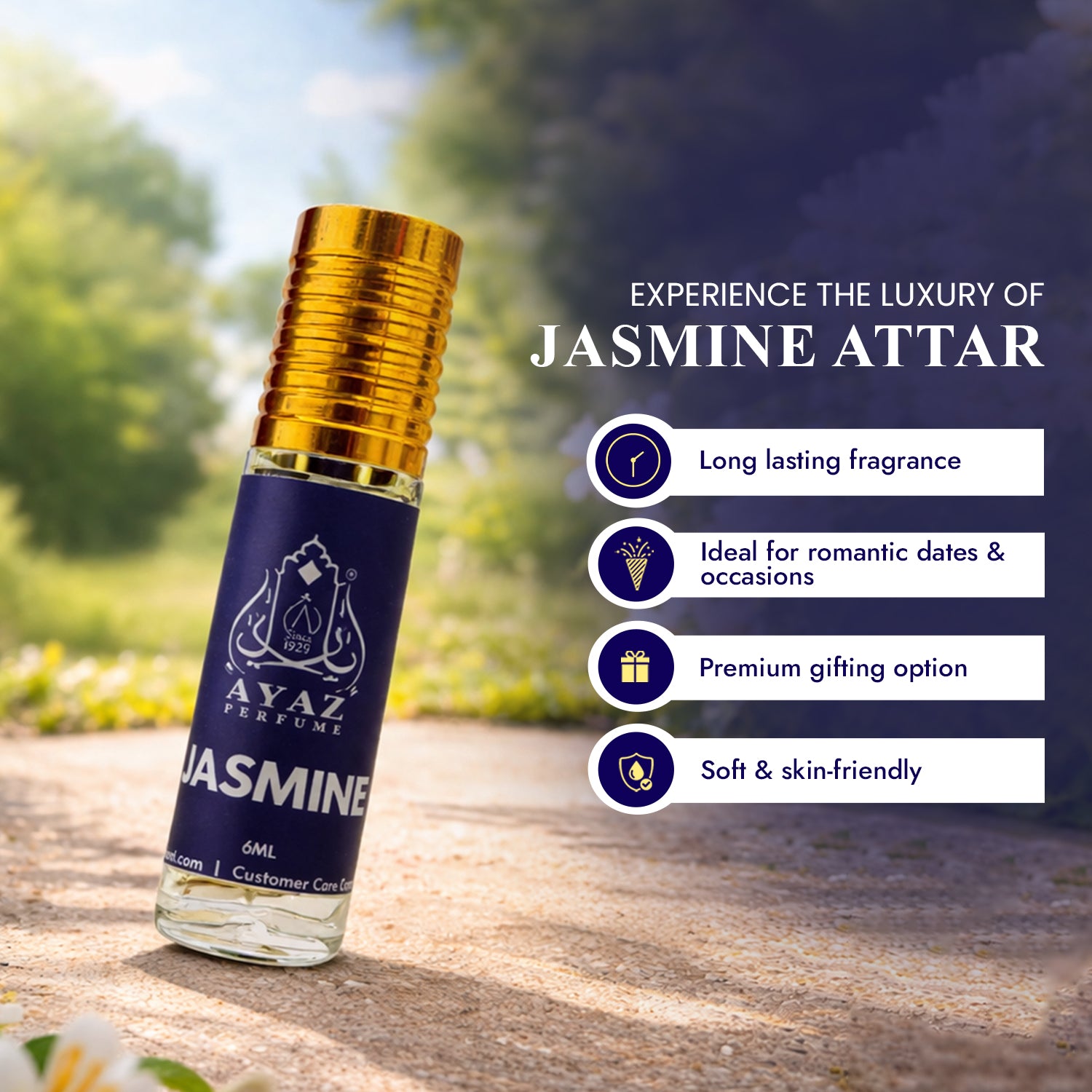 Ayaz Jasmine Attar 6ML – Long Lasting Alcohol-Free Roll-On Perfume for Men & Women