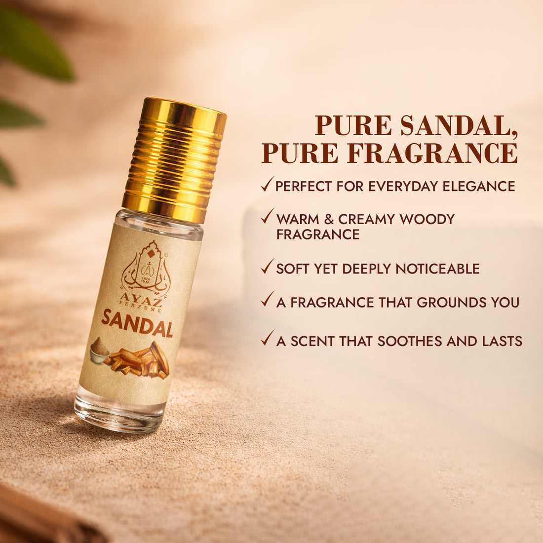 Ayaz Sandal Attar 6ML – Pure Sandalwood Alcohol-Free Roll-On | Long Lasting Attar for Men & Women