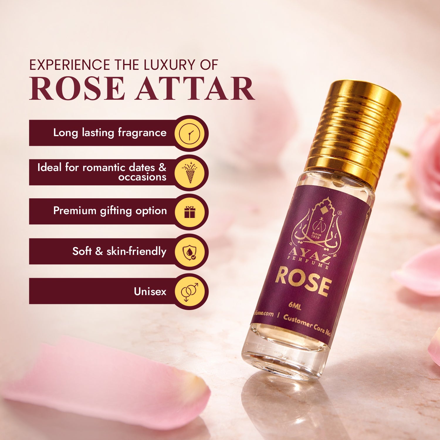 Ayaz Premium Rose Attar 6ML – Long Lasting Alcohol-Free Roll-On Perfume for Men & Women