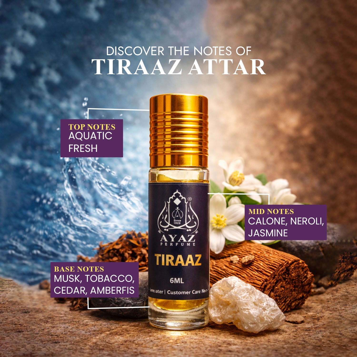 Ayaz Ameer Al Oud + Tiraaz Attar Combo (6ML Each) | Long Lasting Alcohol-Free Perfume Oil for Men & Women