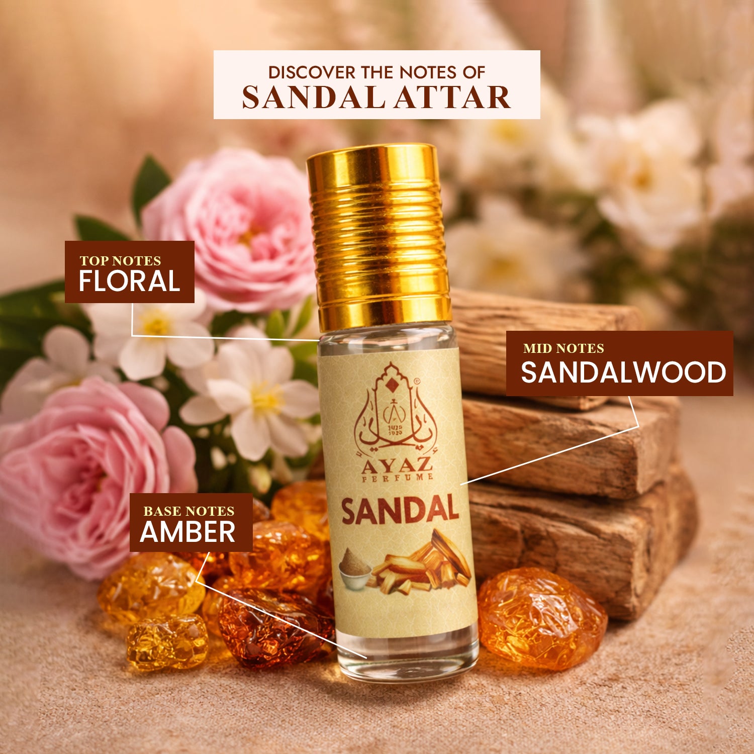 Ayaz Sandal Attar 6ML – Pure Sandalwood Alcohol-Free Roll-On | Long Lasting Attar for Men & Women