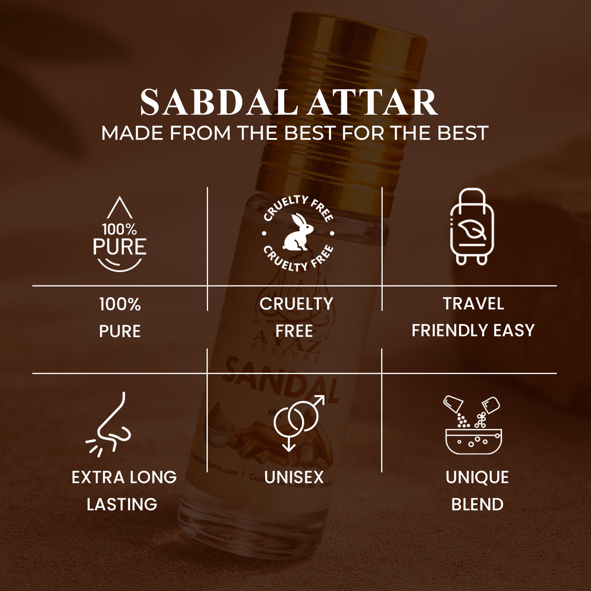 Ayaz Sandal Attar 6ML – Pure Sandalwood Alcohol-Free Roll-On | Long Lasting Attar for Men & Women