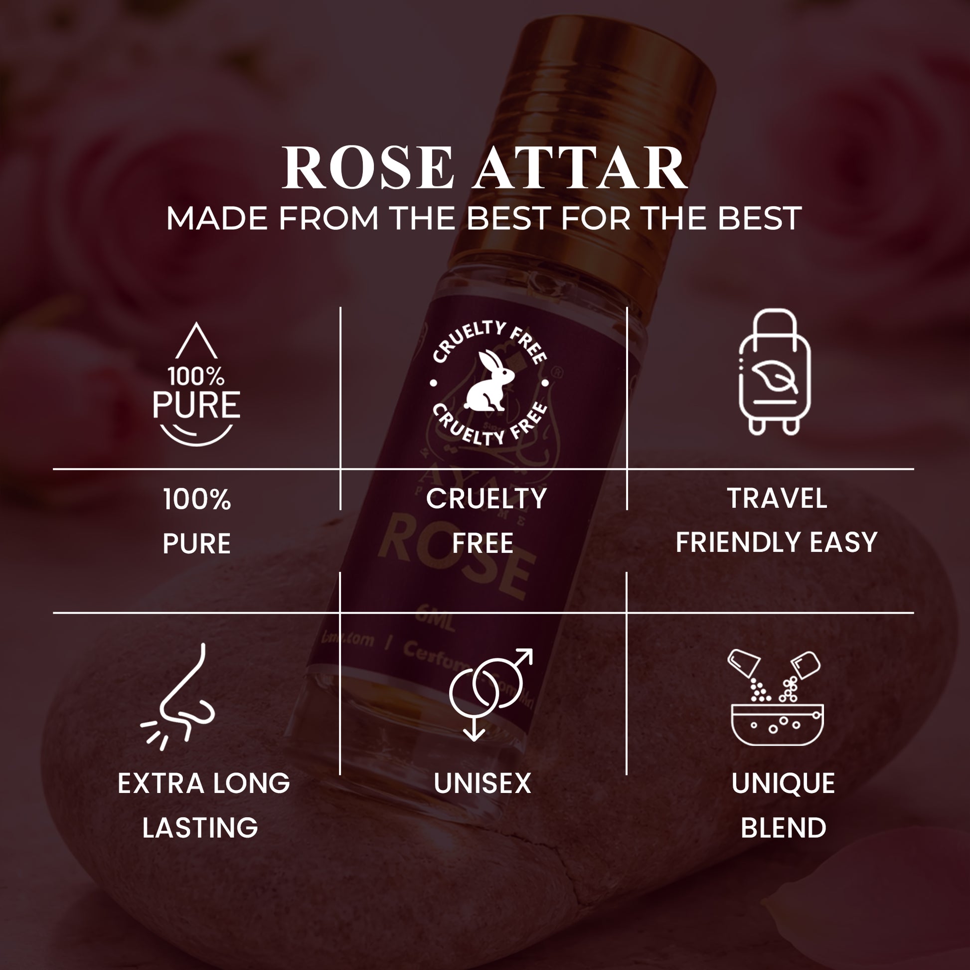 Ayaz Premium Rose Attar 6ML – Long Lasting Alcohol-Free Roll-On Perfume for Men & Women