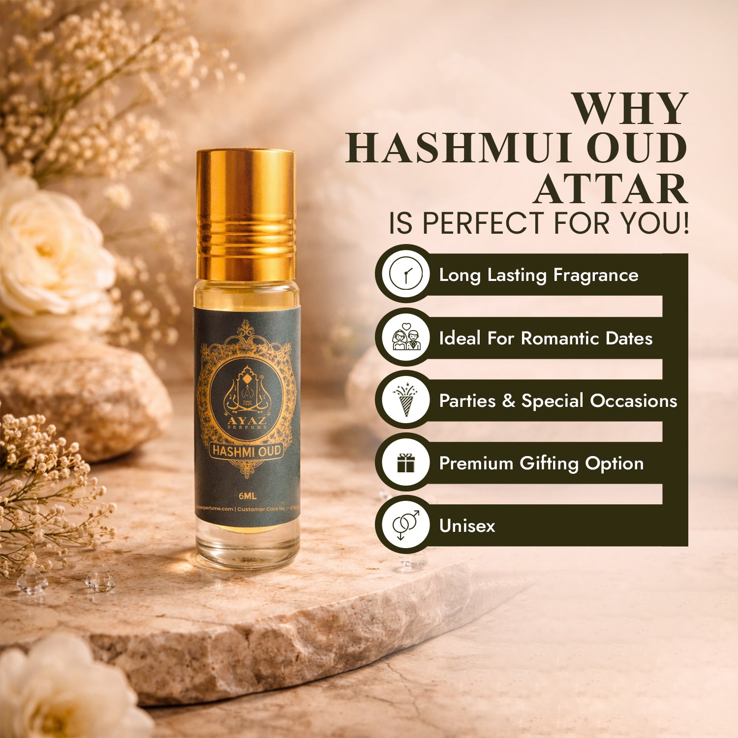 Ayaz Hashmi Oud Attar 6ML – Long Lasting Alcohol-Free Roll-On Perfume for Men & Women