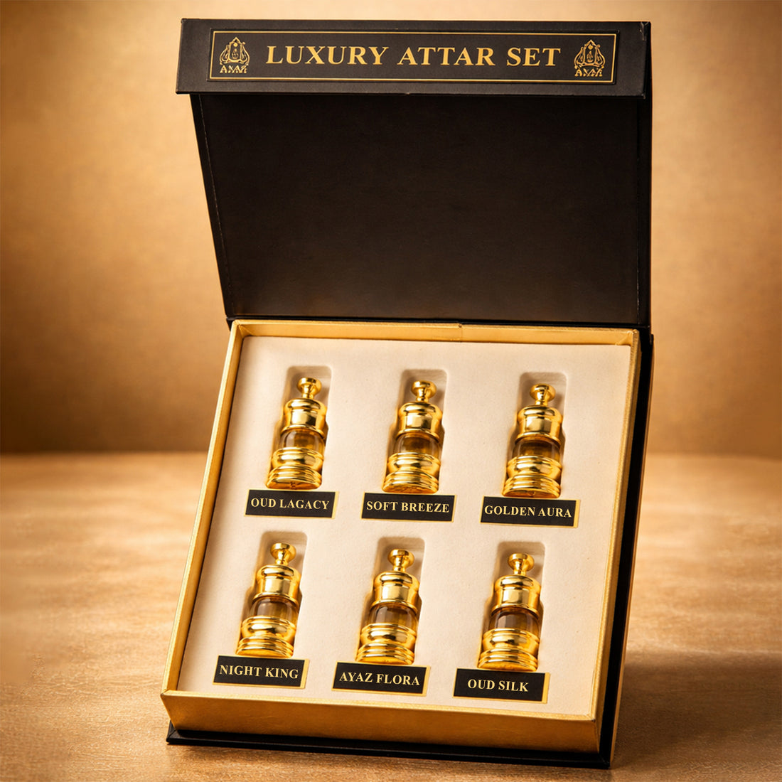 Ayaz Premium Attar Combo Pack of 6 for Men | Long Lasting Alcohol-Free Perfume Oil Set | Luxury Oud, Floral & Woody Fragrance Collection | Gift Set for Men 3 ML Each