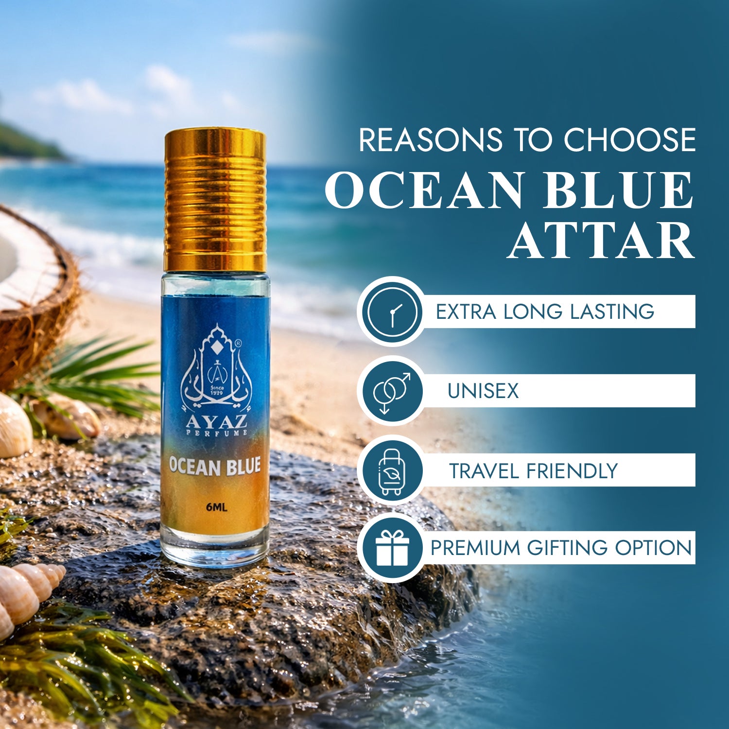 Ayaz Ocean Blue Attar 6ML – Fresh Aquatic Long Lasting Alcohol-Free Roll-On Perfume for Men & Women