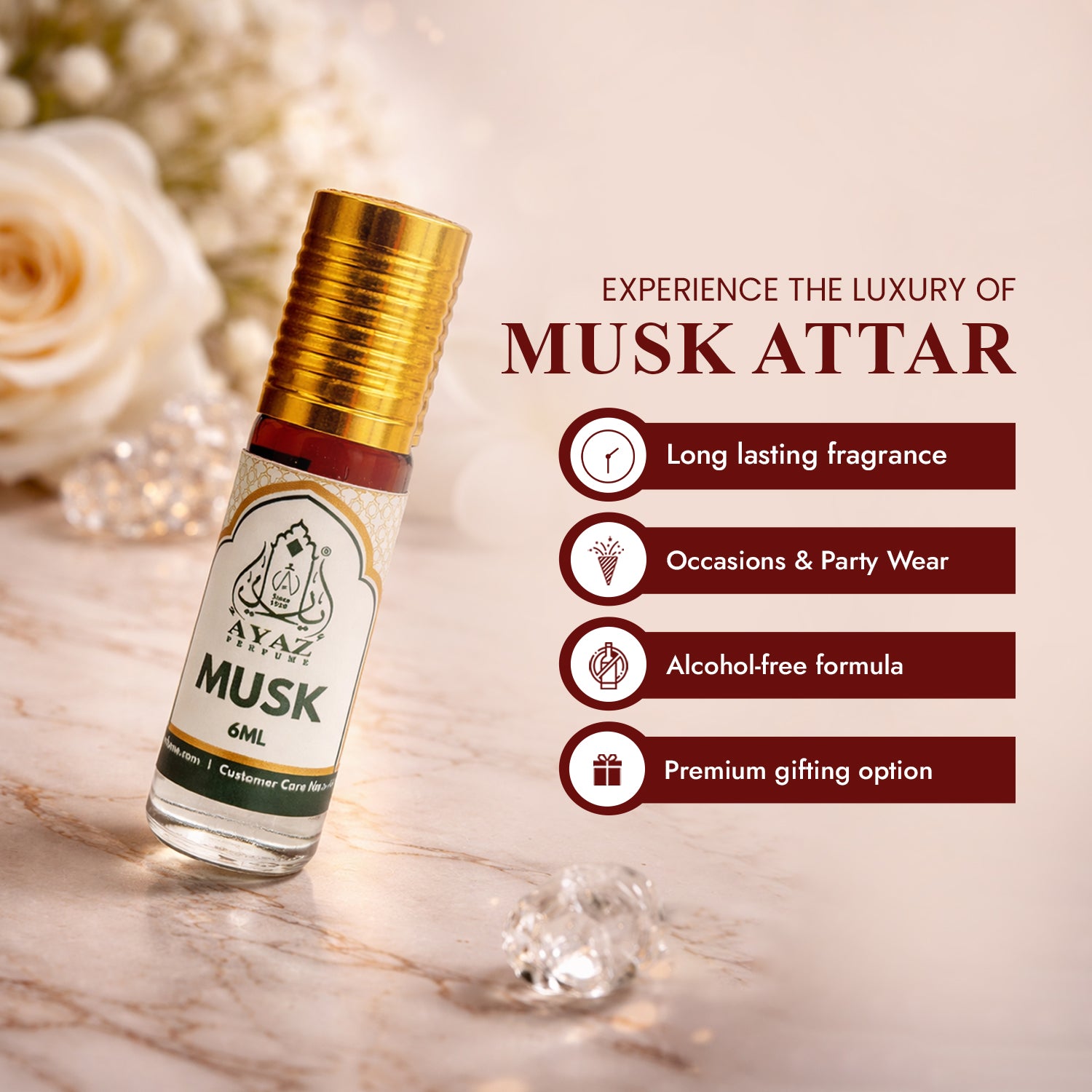 Ayaz Musk Attar 6ML – Long Lasting Alcohol-Free Roll-On Perfume for Men & Women