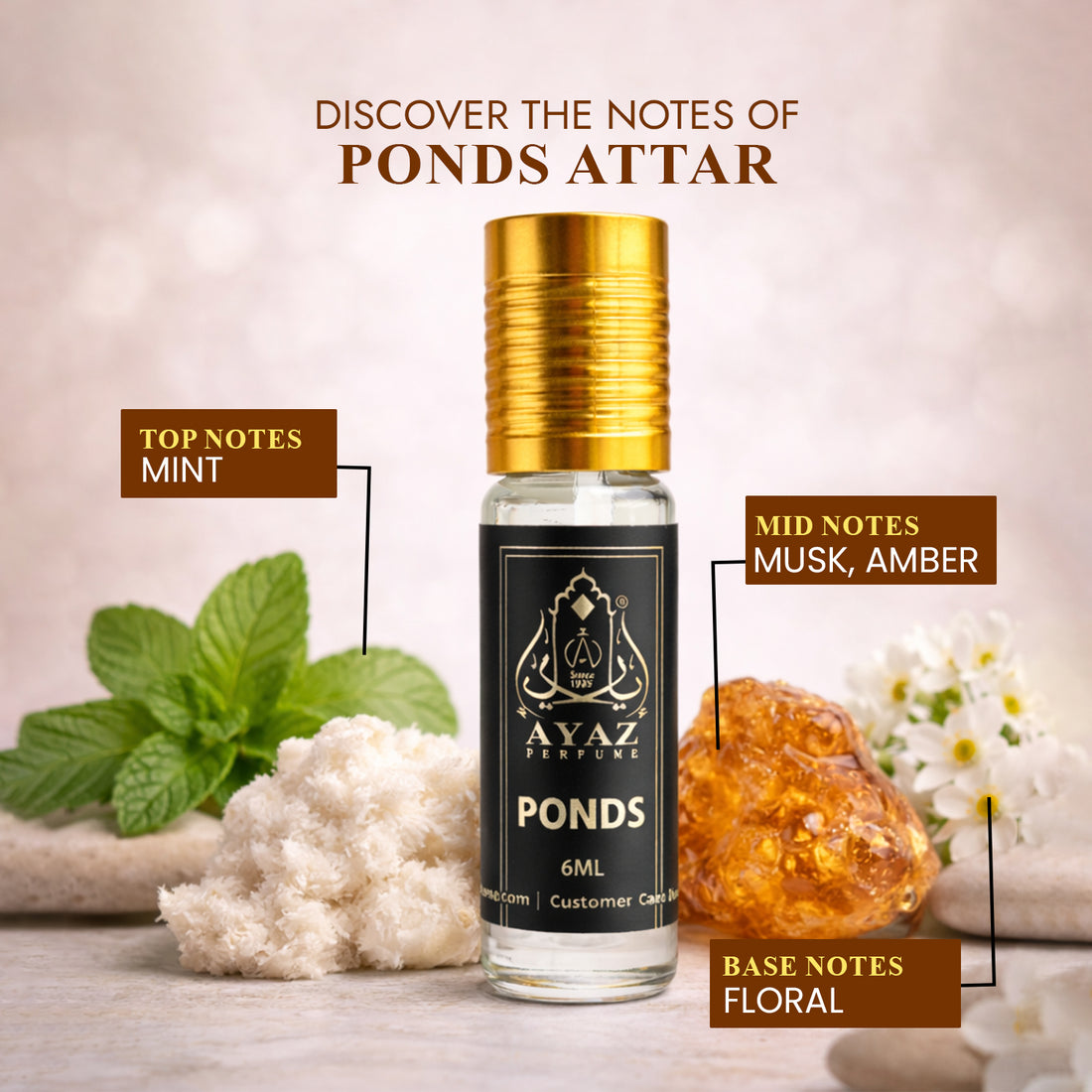 Ayaz Ponds Attar 6ML – Minty Fresh Musky Floral Long Lasting Alcohol-Free Roll-On Perfume for Men & Women
