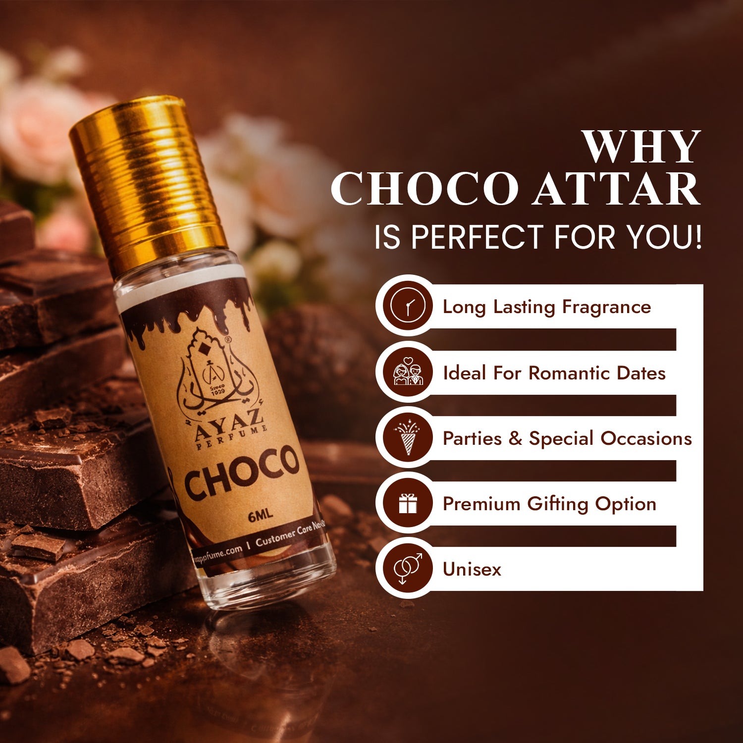 Ayaz Choco Attar 6ML – Long Lasting Alcohol-Free Roll-On Perfume for Men & Women