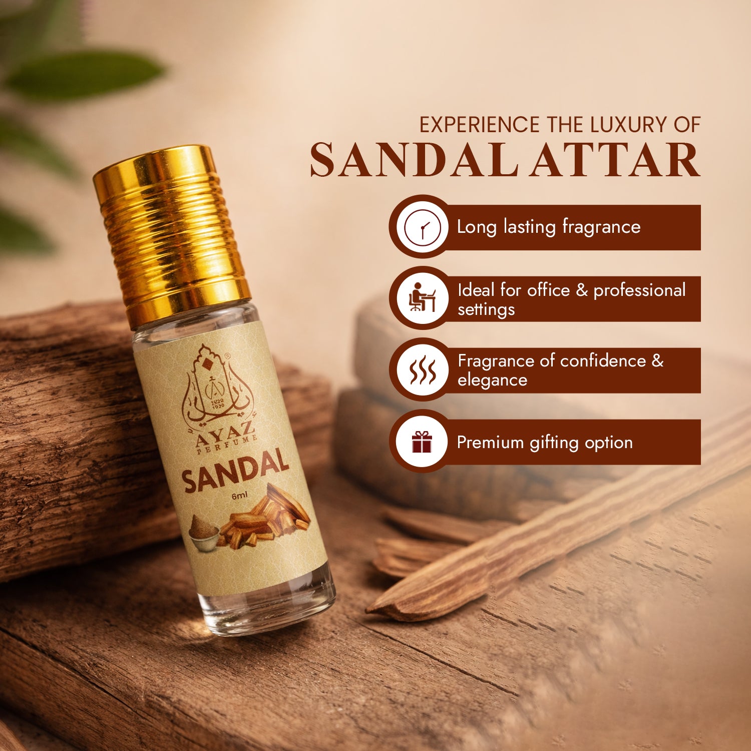 Ayaz Sandal Attar 6ML – Pure Sandalwood Alcohol-Free Roll-On | Long Lasting Attar for Men & Women