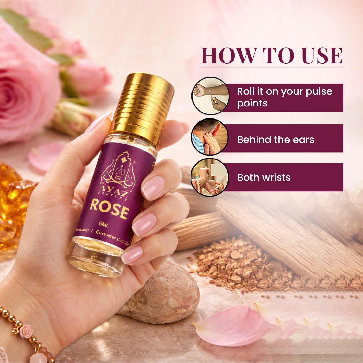 Ayaz Premium Rose Attar 6ML – Long Lasting Alcohol-Free Roll-On Perfume for Men & Women