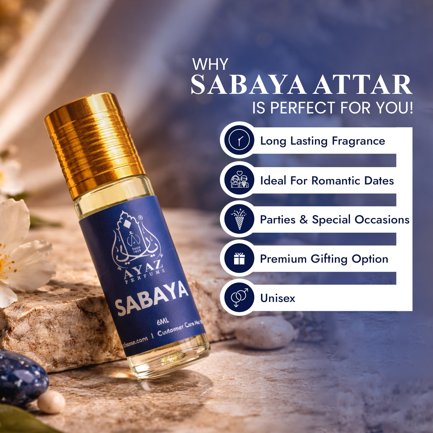 Ayaz Sabaya Attar 6ML – Long Lasting Alcohol-Free Roll-On Perfume for Women & Men