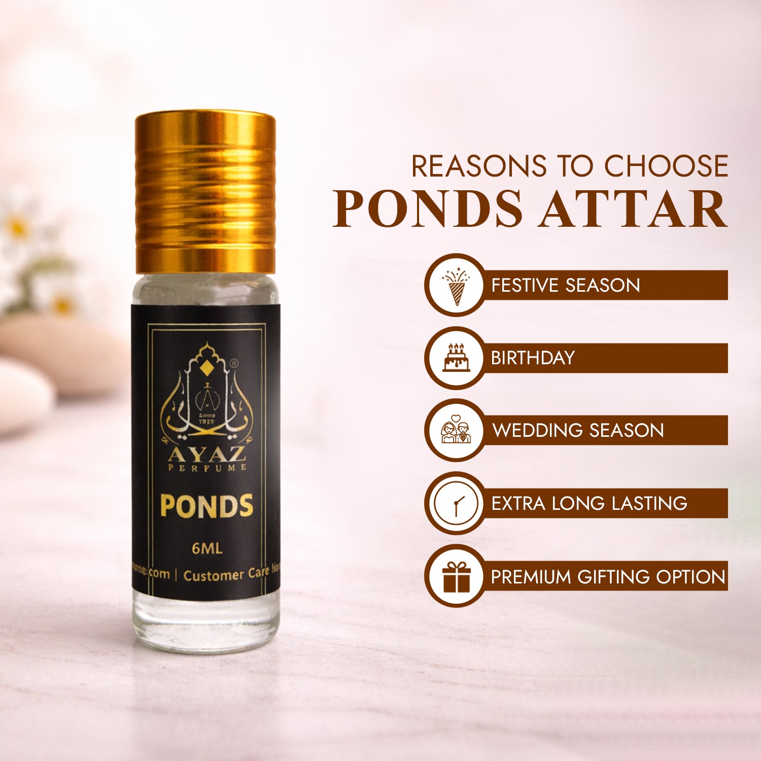 Ayaz Ponds Attar 6ML – Minty Fresh Musky Floral Long Lasting Alcohol-Free Roll-On Perfume for Men & Women