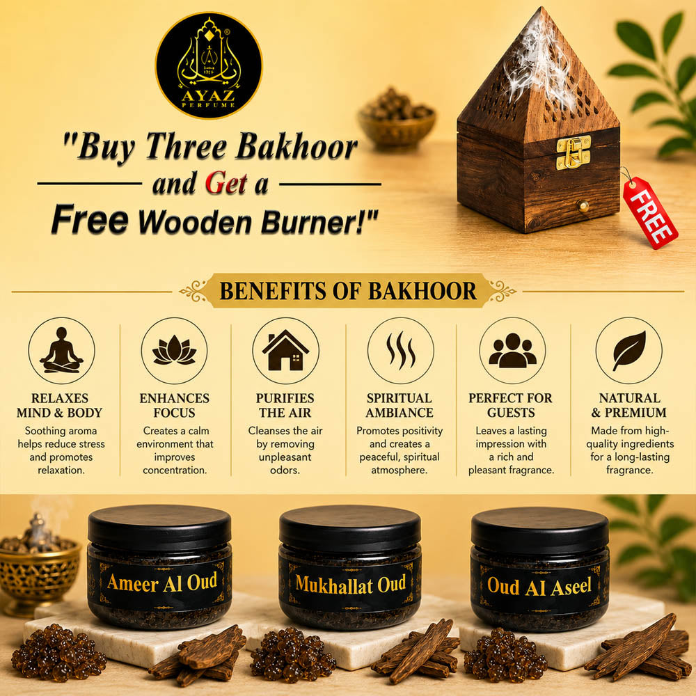 Ayaz Perfume ( Ameer Al Oud, Mukhallat Oud, Oud Al Aseel Bakhoor 40g Each ) + (1) Free Wooden Bakhoor Burner, ( Combo Pack of 3 )