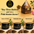 Ayaz Perfume ( Ameer Al Oud, Mukhallat Oud, Oud Al Aseel Bakhoor 40g Each ) + (1) Free Wooden Bakhoor Burner, ( Combo Pack of 3 )