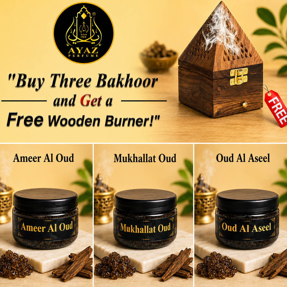 Ayaz Perfume ( Ameer Al Oud, Mukhallat Oud, Oud Al Aseel Bakhoor 40g Each ) + (1) Free Wooden Bakhoor Burner, ( Combo Pack of 3 )