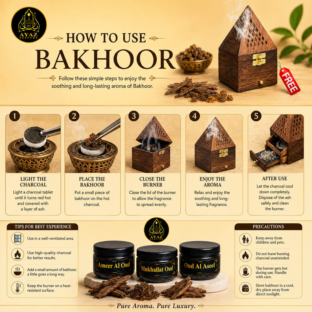 Ayaz Perfume ( Ameer Al Oud, Mukhallat Oud, Oud Al Aseel Bakhoor 40g Each ) + (1) Free Wooden Bakhoor Burner, ( Combo Pack of 3 )