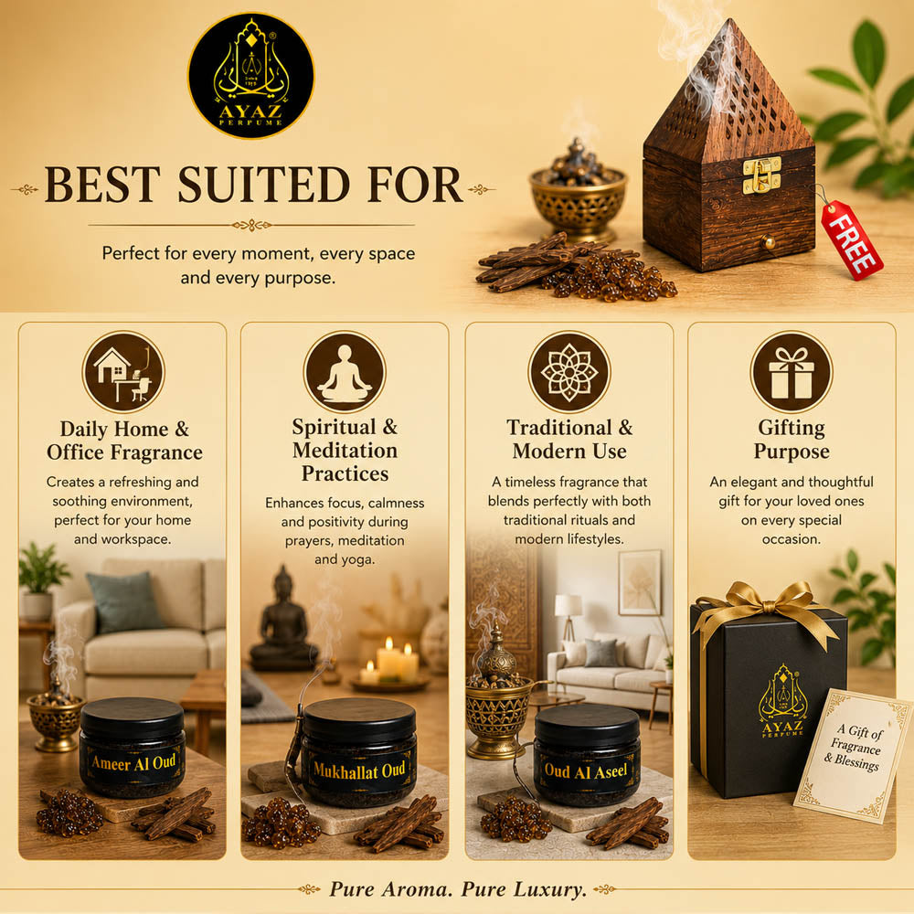 Ayaz Perfume ( Ameer Al Oud, Mukhallat Oud, Oud Al Aseel Bakhoor 40g Each ) + (1) Free Wooden Bakhoor Burner, ( Combo Pack of 3 )