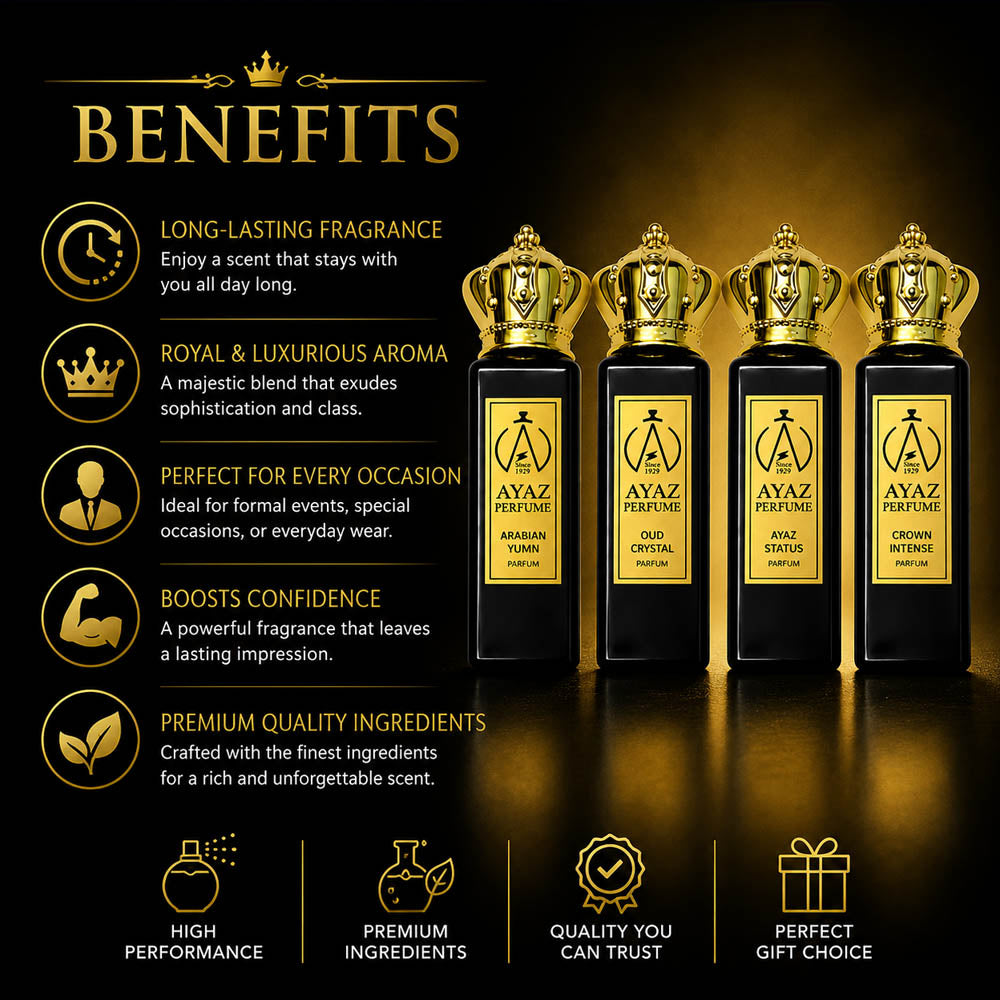 Ayaz Perfume Luxury Oud Parfum Combo Pack of 4 (Arabian Yumn, Oud Crystal, Ayaz Status & Crown Intense) – Long Lasting Premium Fragrance | 20 ml Each (80 ml Total)