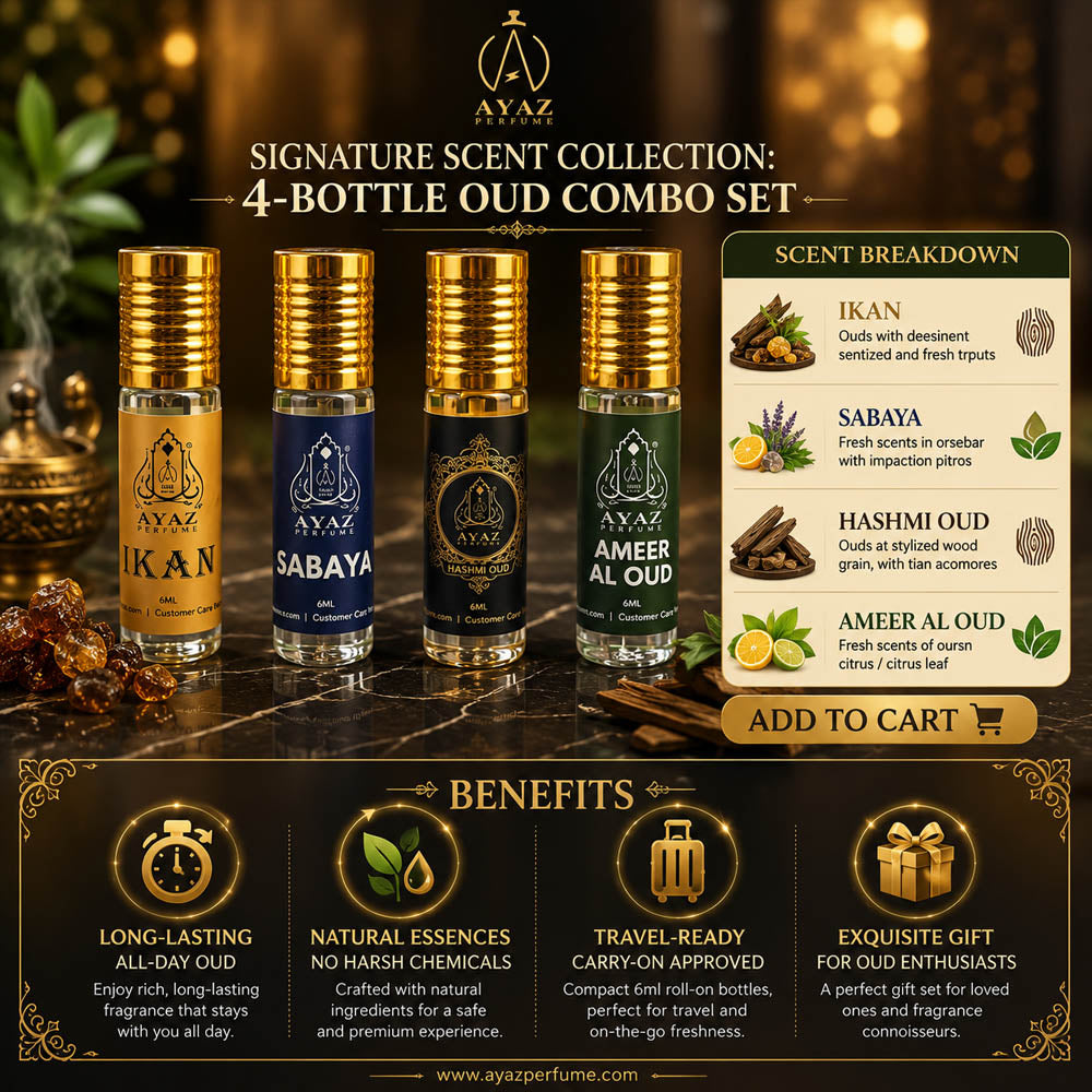 Ayaz Attar Gift Set Combo (Pack of 4) – Ameer Al Oud, Ikan, Hashmi Oud & Sabaya | Alcohol-Free Premium Attars
