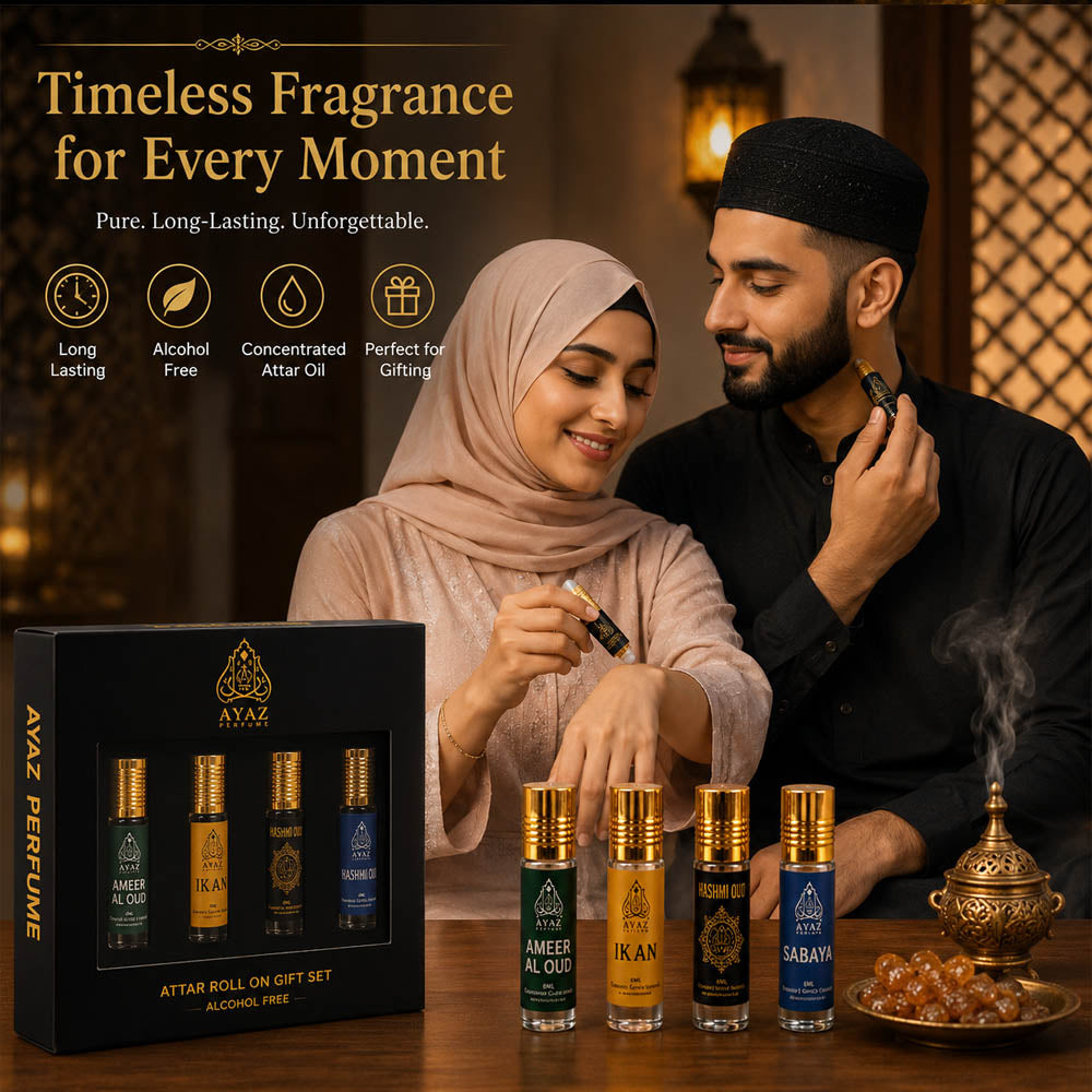 Ayaz Attar Gift Set Combo (Pack of 4) – Ameer Al Oud, Ikan, Hashmi Oud & Sabaya | Alcohol-Free Premium Attars