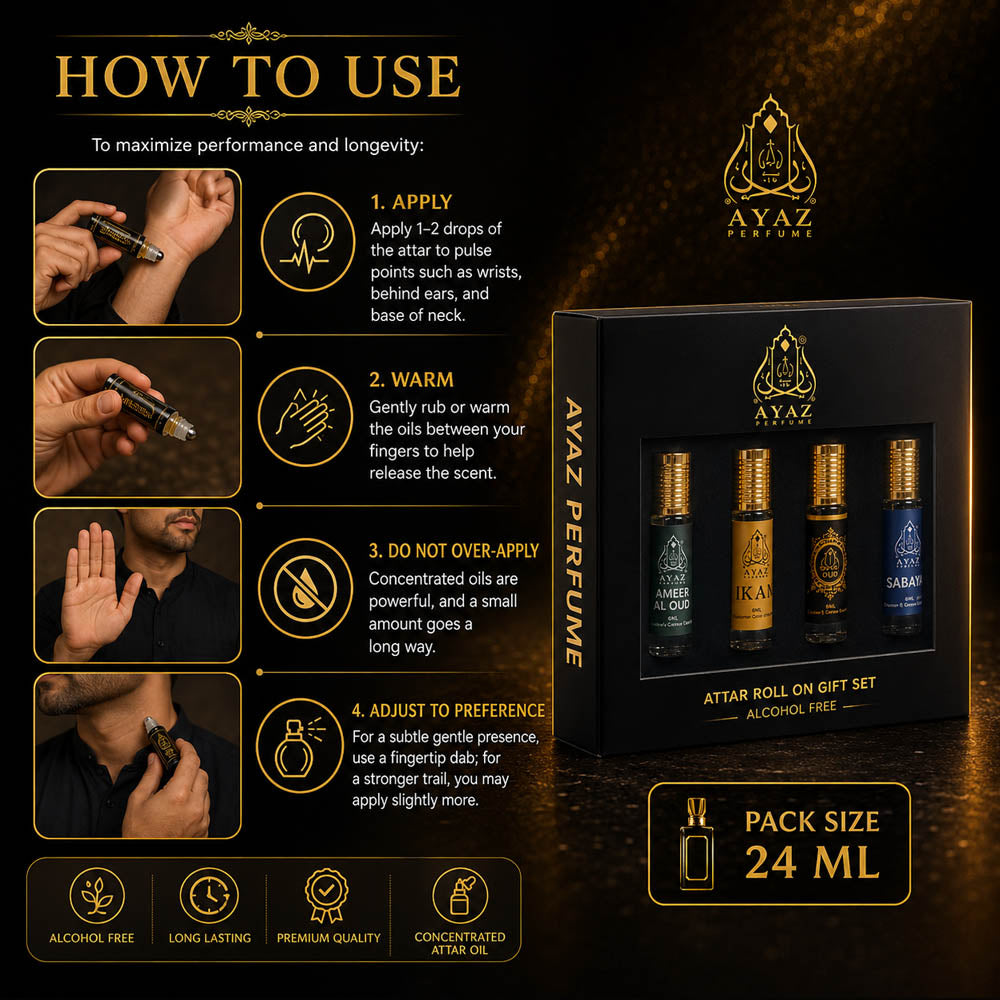 Ayaz Attar Gift Set Combo (Pack of 4) – Ameer Al Oud, Ikan, Hashmi Oud & Sabaya | Alcohol-Free Premium Attars