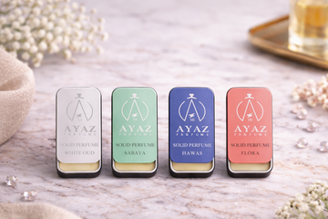 Ayaz Perfume Luxury Solid Wax Perfume Combo Pack of 4 (White Oud, Sabaya, Hawas & Flora) | Long-Lasting Alcohol-Free Solid Perfume | Skin-Friendly | Travel-Friendly Roll-Up Slider | For Men & Women