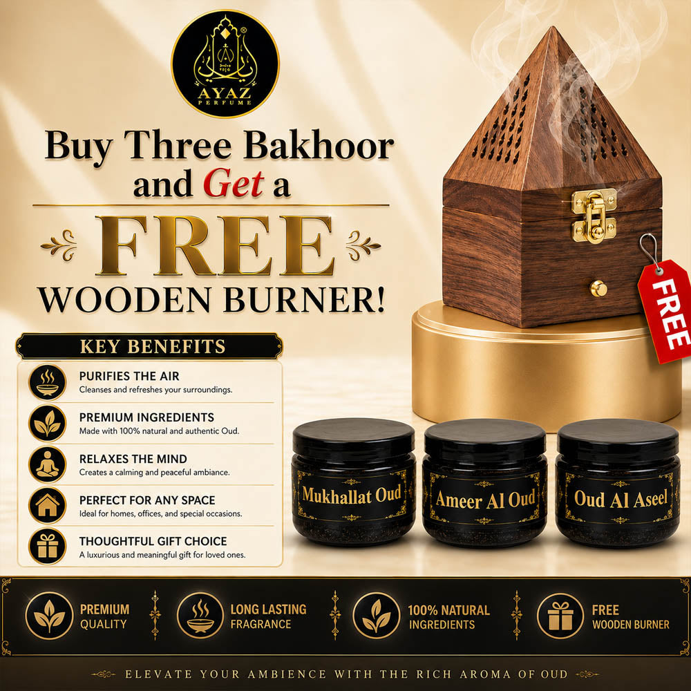 Ayaz Perfume ( Mukhallat Oud, Ameer Al Oud, Oud Al Aseel Bakhoor 40g Each ) + (1) Free Wooden Bakhoor Burner, ( Combo Pack of 3 )