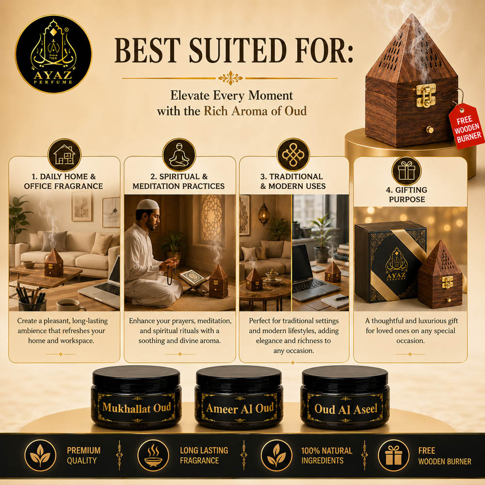 Ayaz Perfume ( Mukhallat Oud, Ameer Al Oud, Oud Al Aseel Bakhoor 40g Each ) + (1) Free Wooden Bakhoor Burner, ( Combo Pack of 3 )