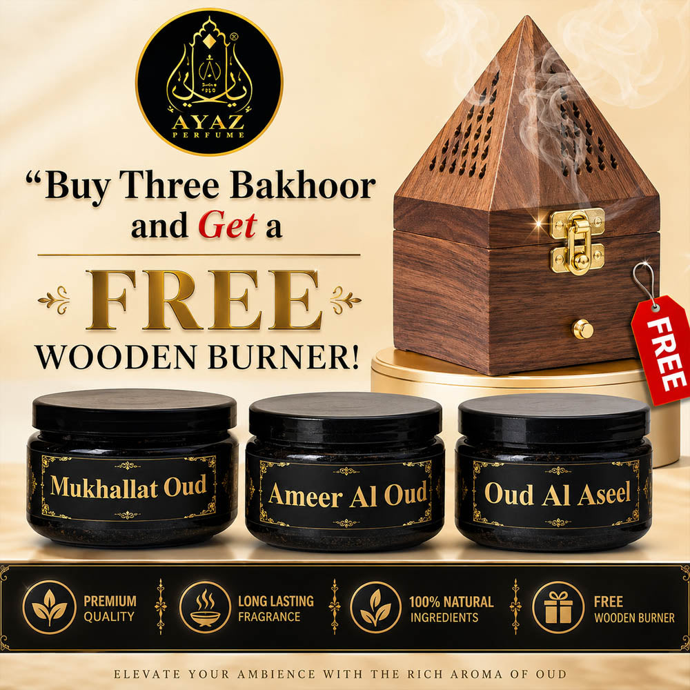 Ayaz Perfume ( Mukhallat Oud, Ameer Al Oud, Oud Al Aseel Bakhoor 40g Each ) + (1) Free Wooden Bakhoor Burner, ( Combo Pack of 3 )