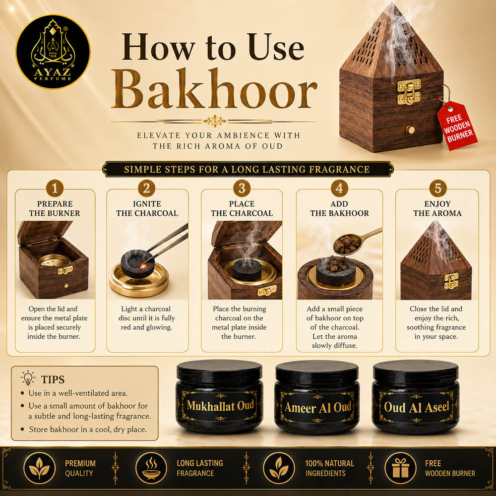 Ayaz Perfume ( Mukhallat Oud, Ameer Al Oud, Oud Al Aseel Bakhoor 40g Each ) + (1) Free Wooden Bakhoor Burner, ( Combo Pack of 3 )