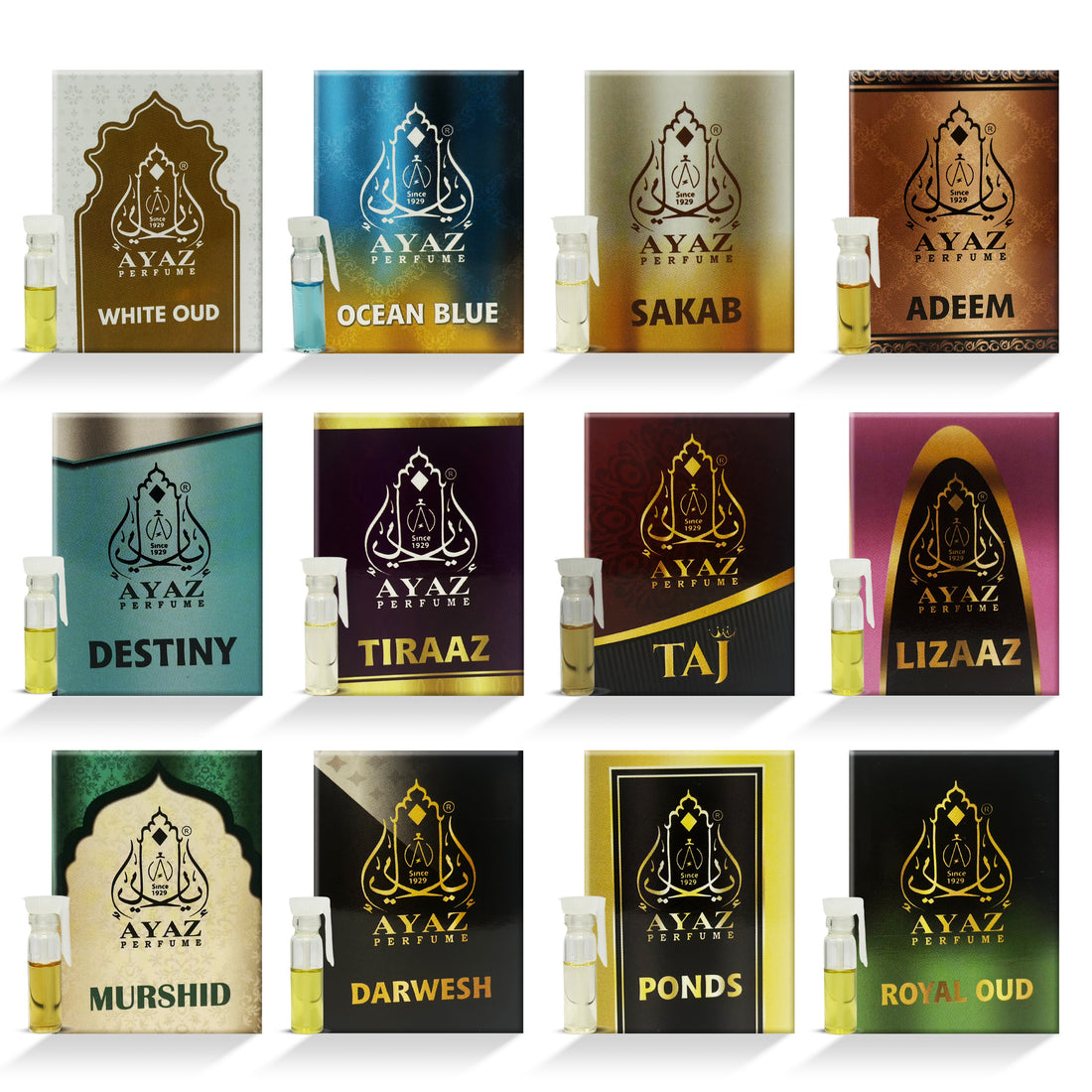 Ayaz Attar 1ML Tester Combo Pack (12 Fragrances) | Alcohol-Free Long Lasting Perfume Oil for Men & Women
