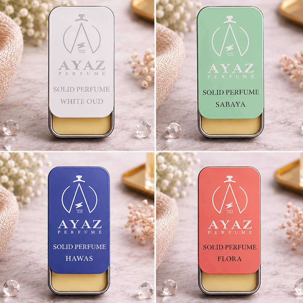 Ayaz Perfume Luxury Solid Wax Perfume Combo Pack of 4 (White Oud, Sabaya, Hawas & Flora) | Long-Lasting Alcohol-Free Solid Perfume | Skin-Friendly | Travel-Friendly Roll-Up Slider | For Men & Women