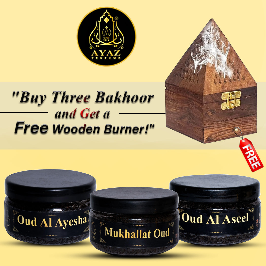 Ayaz Perfume ( Mukhallat Oud Bakhoor, Al Oud Aseel, Oud Al Ayesha, 40g Each ) + (1) Free Wooden Bakhoor Burner, ( Combo Pack of 3 )