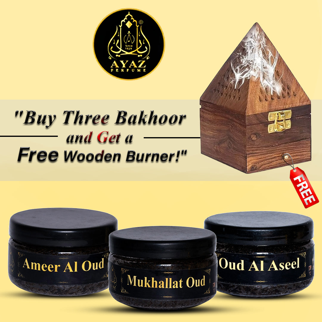 Ayaz Perfume ( Ameer Al Oud, Mukhallat Oud Bakhoor, Oud Al Aseel, 40g Each ) + (1) Free Wooden Bakhoor Burner, ( Combo Pack of 3 )