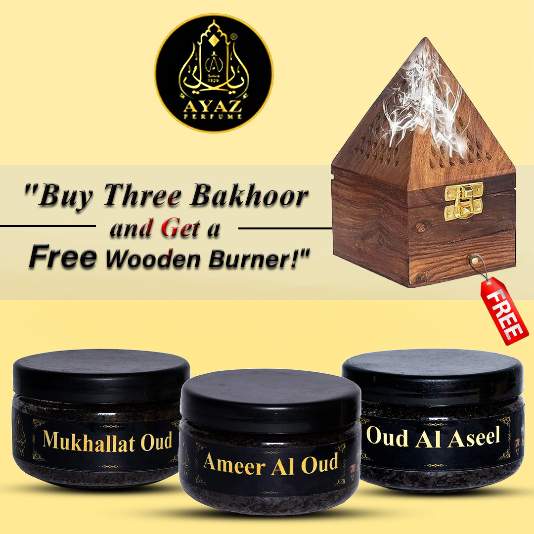 Ayaz Perfume ( Mukhallat Oud Bakhoor, Ameer Al Oud, Bakhoor Al Aseel,  40g Each ) + (1) Free Wooden Bakhoor Burner, ( Combo Pack of 3 )