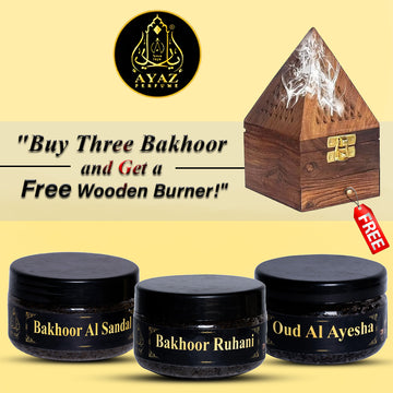 Ayaz Perfume ( Bakhoor Al Sandal, Bakhoor Ruhani, Oud Al Ayesha,  40g Each ) + (1) Free Wooden Bakhoor Burner, ( Combo Pack of 3 )