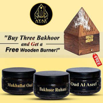 Ayaz Perfume ( Mukhallat Oud Bakhoor , Oud Al Aseel, Bakhur Ruhani, 40g Each ) + (1) Free Wooden Bakhoor Burner, ( Combo Pack of 3 )