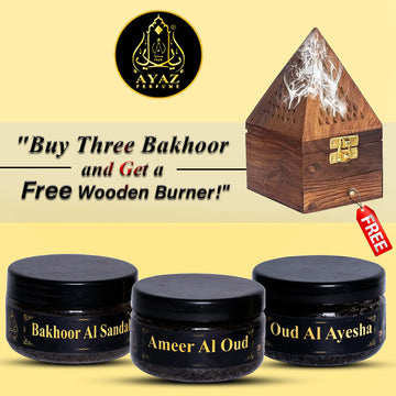 Ayaz Perfume ( Bakhoor Al Sandal, Ameer Al Oud, Oud Al Ayesha, 40g Each ) + (1) Free Wooden Bakhoor Burner, ( Combo Pack of 3 )