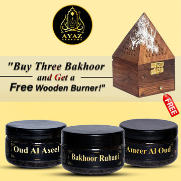 Ayaz Perfume (  Ameer Al Oud,Oud Al Aseel Premium,Ruhani Arabic Bakhoor, 40g Each ) + (1) Free Wooden Bakhoor Burner, ( Combo Pack of 3 )