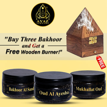 Ayaz Perfume ( Bakhoor Al Sandal,Oud Al Ayesha Premium,Mukhallat Oud Bakhoor, 40g Each ) + (1) Free Wooden Bakhoor Burner, ( Combo Pack of 3 )