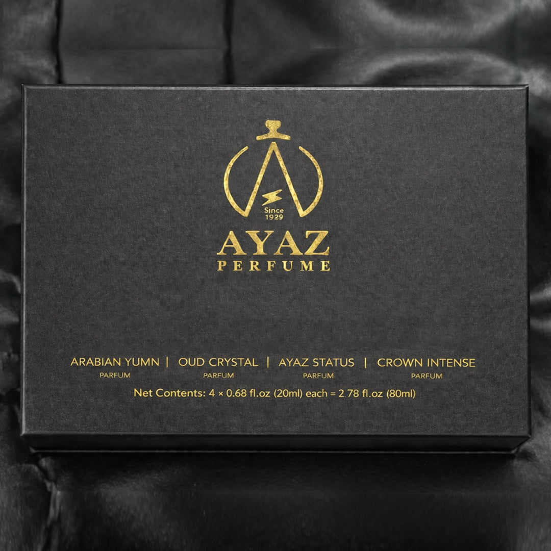 Ayaz Perfume Luxury Oud Parfum Combo Pack of 4 (Arabian Yumn, Oud Crystal, Ayaz Status & Crown Intense) – Long Lasting Premium Fragrance | 20 ml Each (80 ml Total)