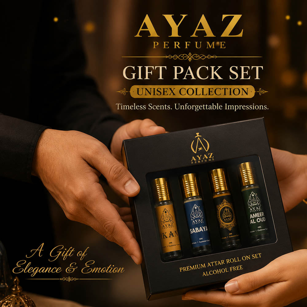 Ayaz Attar Gift Set Combo (Pack of 4) – Ameer Al Oud, Ikan, Hashmi Oud & Sabaya | Alcohol-Free Premium Attars