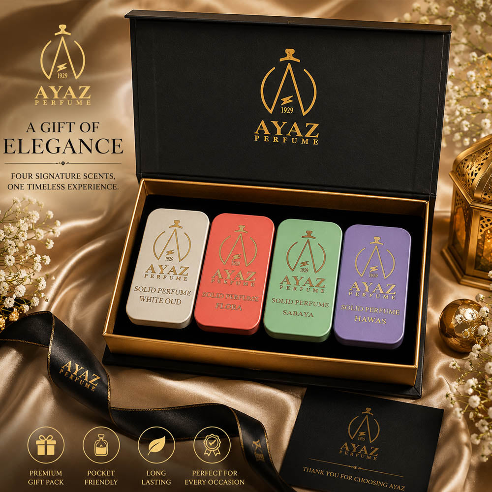 Ayaz Perfume Luxury Solid Wax Perfume Combo Pack of 4 (White Oud, Sabaya, Hawas & Flora) | Long-Lasting Alcohol-Free Solid Perfume | Skin-Friendly | Travel-Friendly Roll-Up Slider | For Men & Women